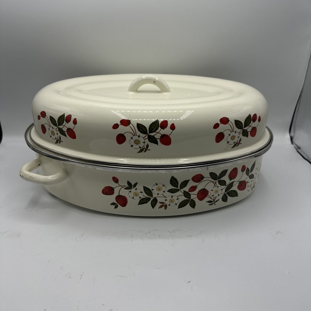 Sheffield Strawberries N Cream Enamelware 15" Roasting Pan Roaster w/Lid Vintage
